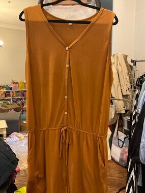 Mustard Button-Front Sleeveless Romper w/ Drawstring Waist | XL